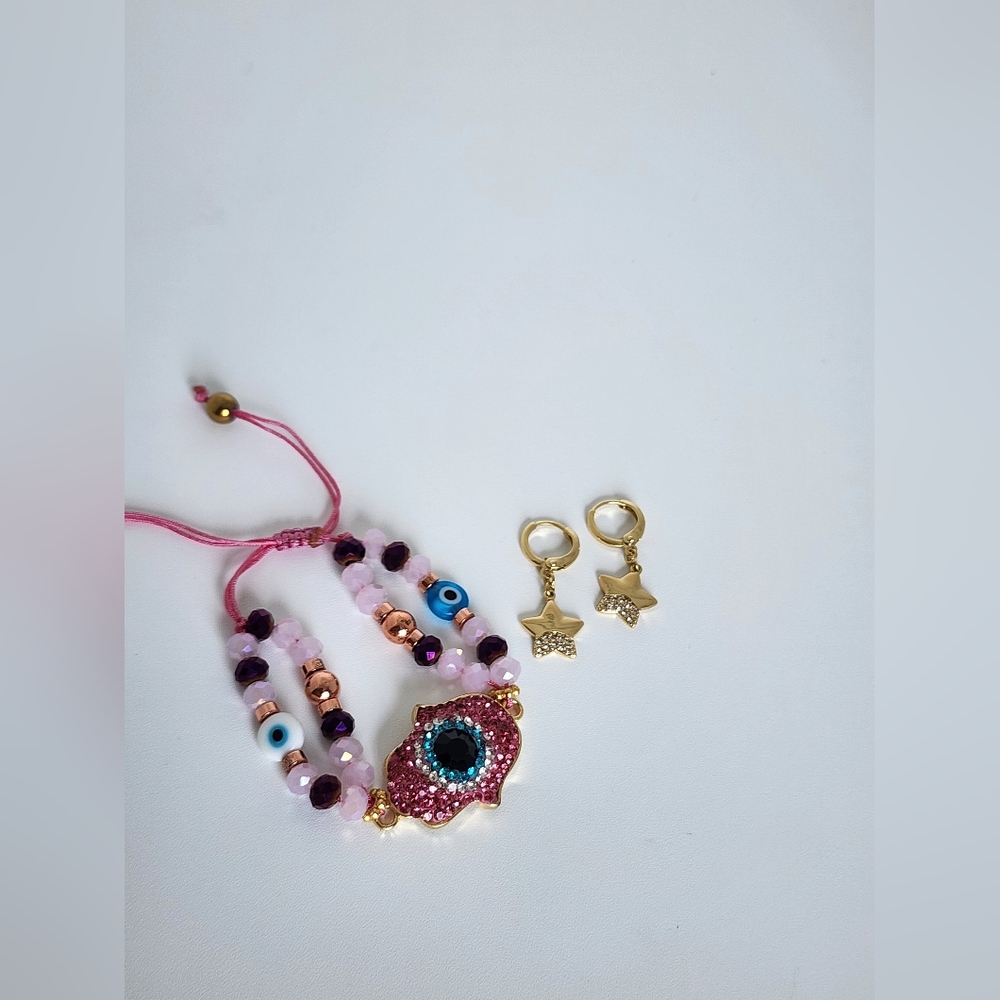 Hot Trend Evil Eye Bracelet Pink Adjustable + Gold Star Earrings Bundle Cute - Picture 3 of 6